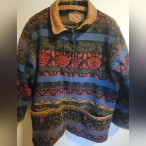 Vintage Woolrich Floral Print Coat Large Leather Trim Pockets